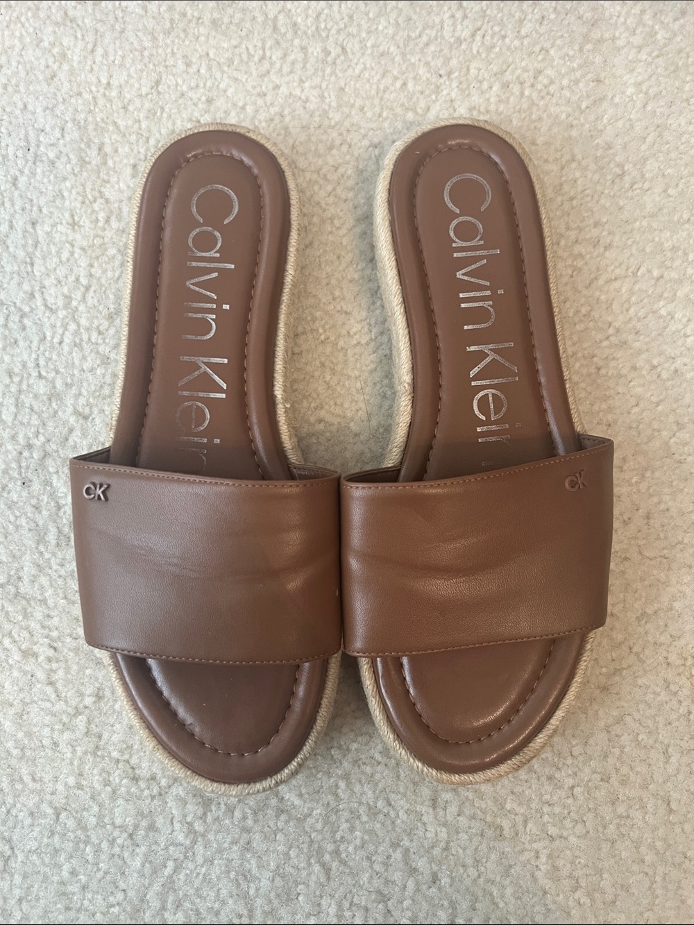 Calvin Klein Tan Leather Wide-Band Slide Sandals